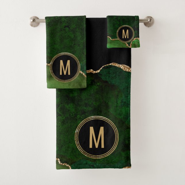 Monogram Green Black Marble Agate Gold Glitter Bath Towel Set (Insitu)