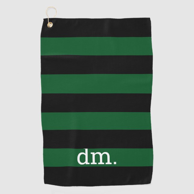 Monogram Green & Black Stripe Golf Towel with Text (Front)