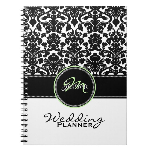 Monogram Green Black White Damask Wedding Planner Notebook (Front)