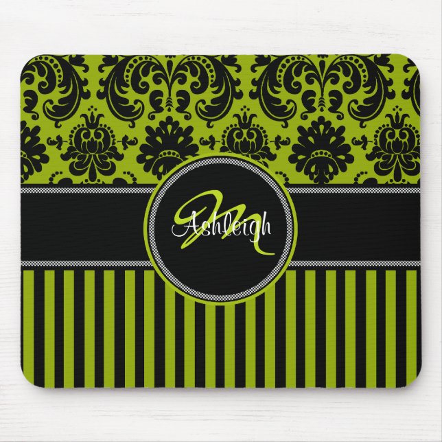 Monogram Green Black White Stripe Damask Mousepad (Front)