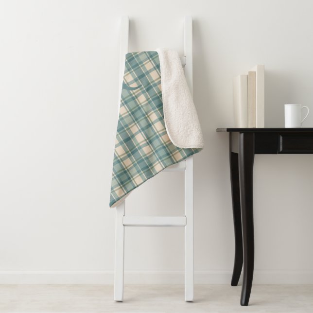 Monogram Green Blue Beige Tartan Buffalo Plaid Sherpa Blanket (In Situ)
