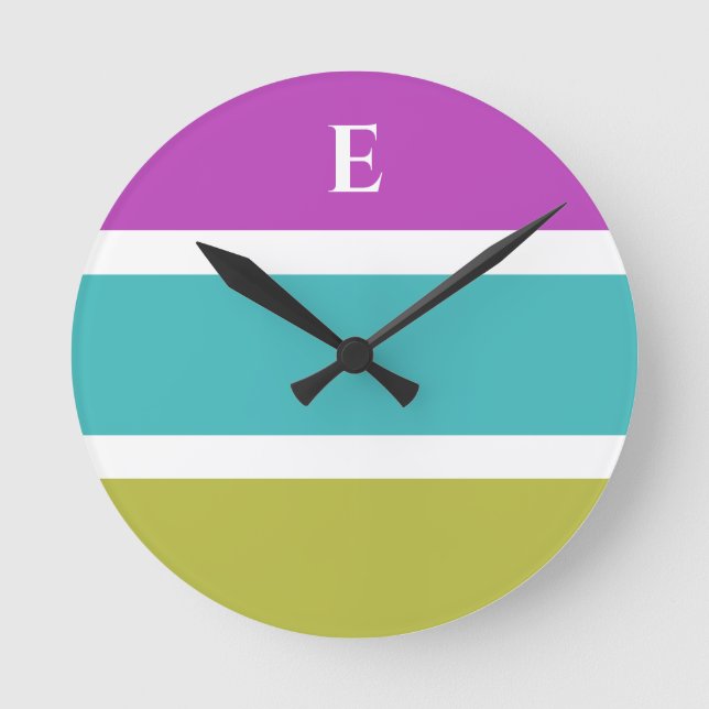 Monogram Green Blue Stripe Contemporary Wall Clock (Front)