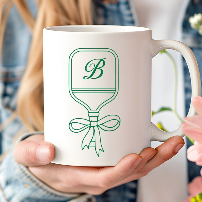 Monogram Green Bow Pickleball Paddle  Coffee Mug (Creator Uploaded)