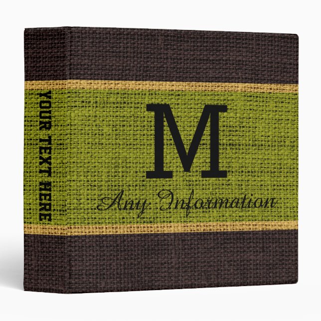Monogram Green Burlap Linen Rustic Jute Binder (Front/Spine)