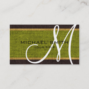 Monogram Green Burlap Linen Rustic Jute Business Card