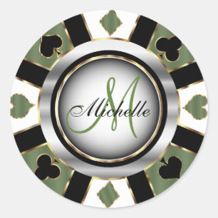 Monogram Green Casino Poker Chip Design Classic Round Sticker