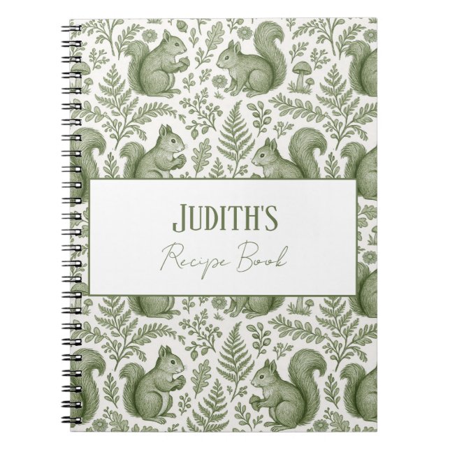 Monogram Green Chinoiserie Squirrel Woodsy Recipe Notebook (Front)