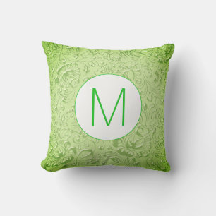 Monogram Green Color Embossed Floral Throw Pillow