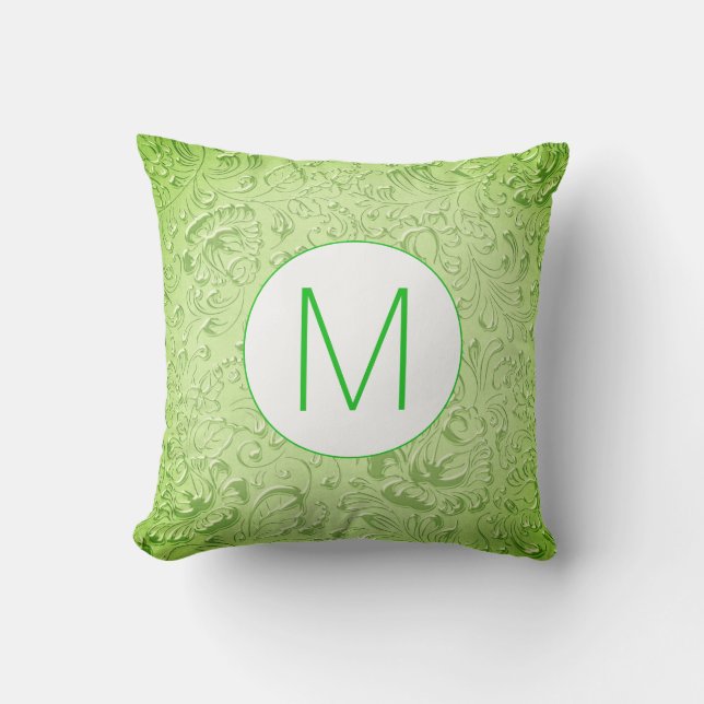 Monogram Green Colour Embossed Floral Throw Pillow (Front)