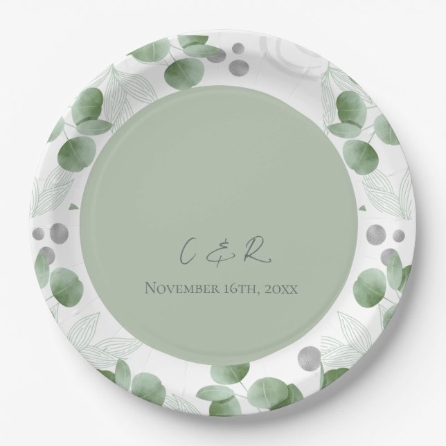 Monogram Green Eucalyptus Wedding Reception Party  Paper Plate (Front)