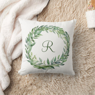 Monogram Green Eucalyptus Wreath Greenery Leaves Throw Pillow