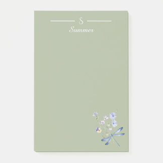 Monogram Green Floral Dragonfly Botanical Cottage Post-it Notes