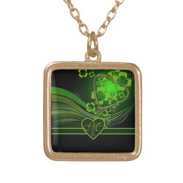 Monogram Green Floral Gold Heart Wave Flourish Gold Plated Necklace (Front)