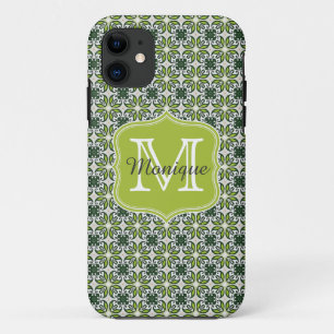 Monogram Green Flowers Pattern iPhone 11 Case