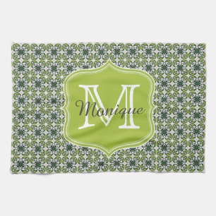 Monogram Green Flowers Pattern Kitchen Towel