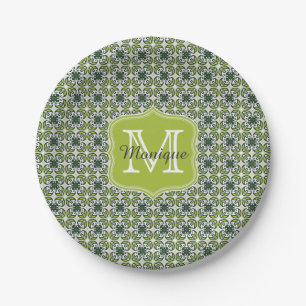 Monogram Green Flowers Pattern Paper Plate