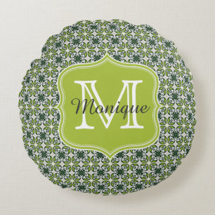 Monogram Green Flowers Pattern Round Pillow