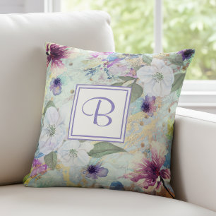 Monogram green gold watercolor floral vintage throw pillow