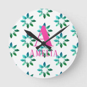 Monogram Green Hot Pink Retro Floral Watercolor Round Clock