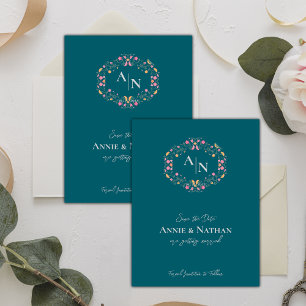 Monogram Green Intricate Floral Frame Wedding Announcement Postcard