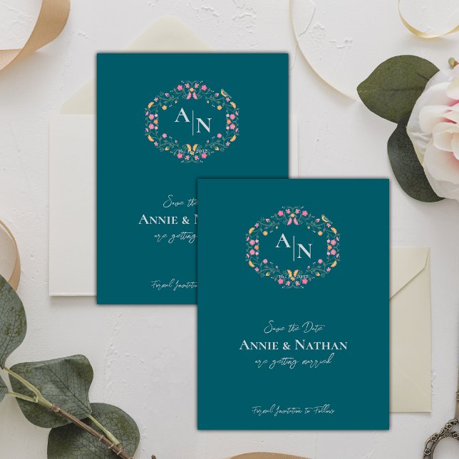 Monogram Green Intricate Floral Frame Wedding Announcement Postcard (Monogram Green Intricate Floral Frame Wedding Announcement Postcard)