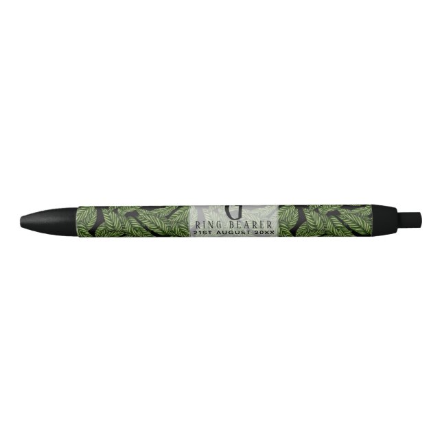 Monogram Green Leaf Tropical RING BEARER Wedding Black Ink Pen (Front)