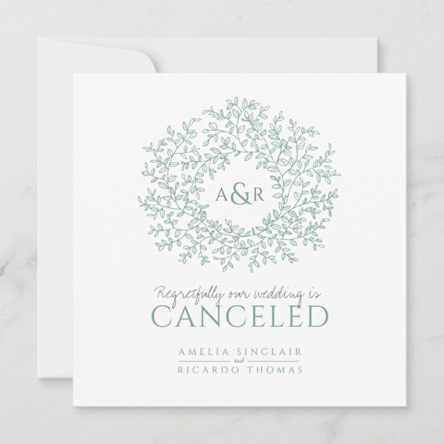Monogram green leaves wedding cancelled announcement (Front)