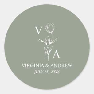 Monogram Green Minimalist Boho Wedding Classic Classic Round Sticker