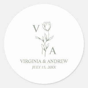 Monogram Green Minimalist Boho Wedding Classic Round Sticker