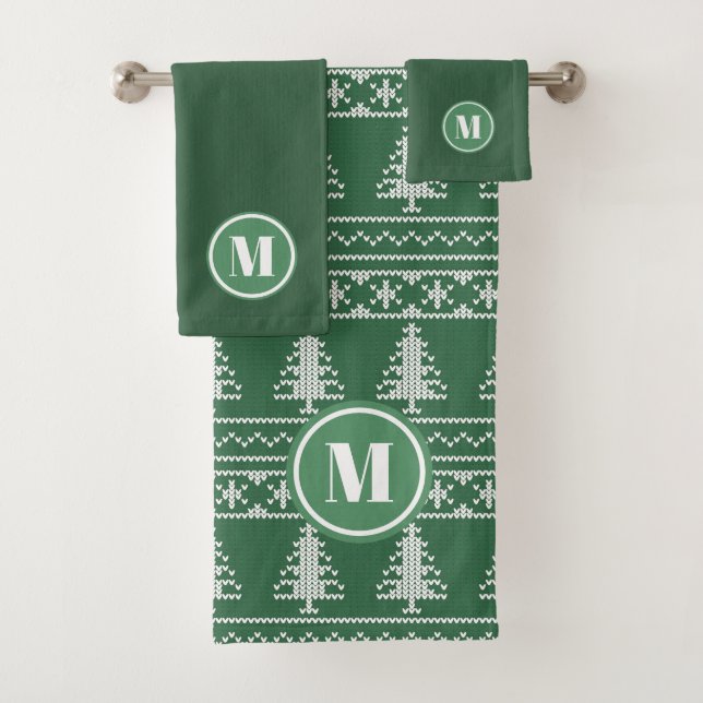 Monogram Green Nordic Knit Christmas Bath Towel Set (Insitu)