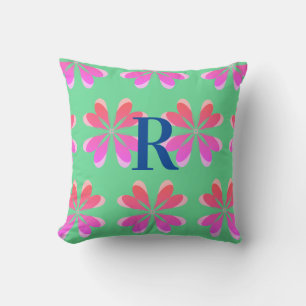 Monogram green pink retro floral throw pillow