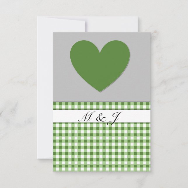 Monogram Green Plaid Heart Wedding RSVP Card (Front)
