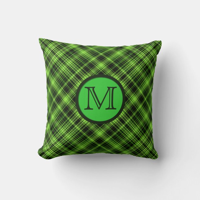 Monogram Green Plaid Throw Pillow (Front)