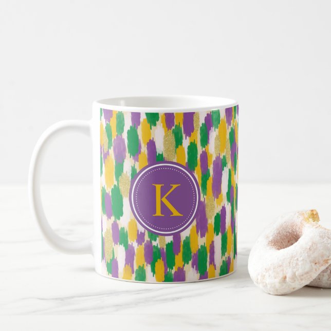 Monogram Green Purple Yellow Brushstrokes Pattern Coffee Mug (With Donut)
