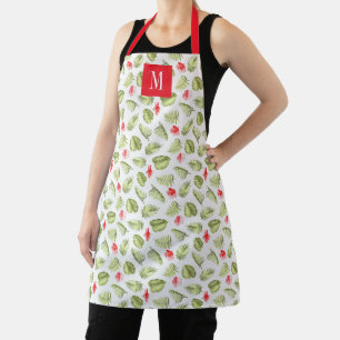 Monogram Green Red Botanical Palm Leaves  Apron