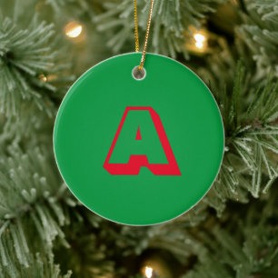 Monogram green red custom initial Christmas Ceramic Ornament