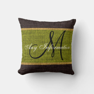 Monogram Green Rustic Burlap Jute Throw Pillow
