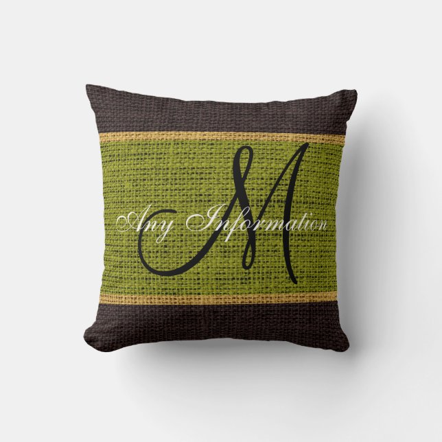 Monogram Green Rustic Burlap Jute Throw Pillow (Front)
