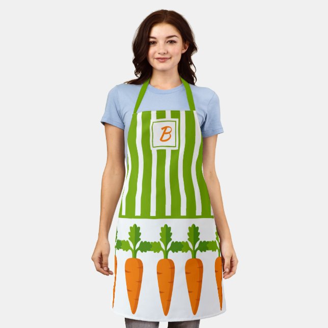 Monogram Green Stripe with Carrots Garden Girl  Apron (Worn)