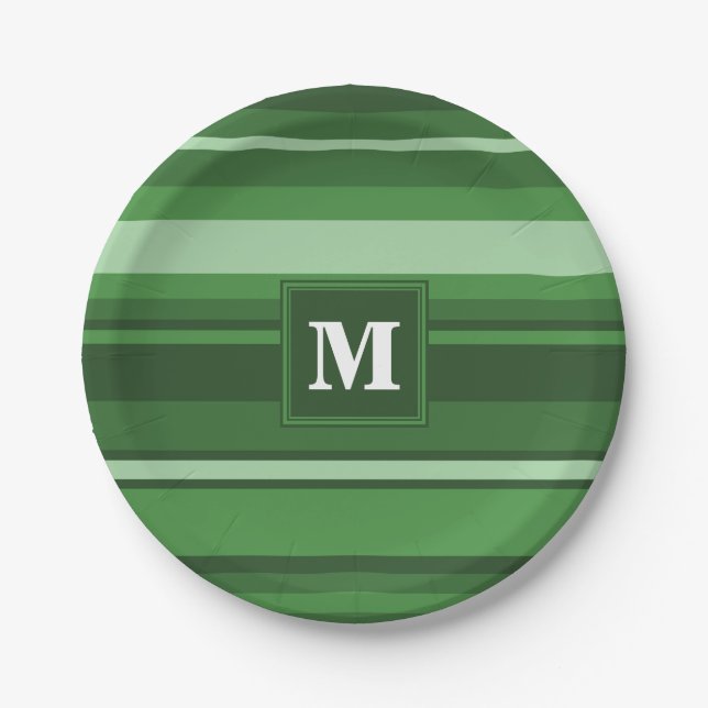 Monogram green stripes paper plate (Front)