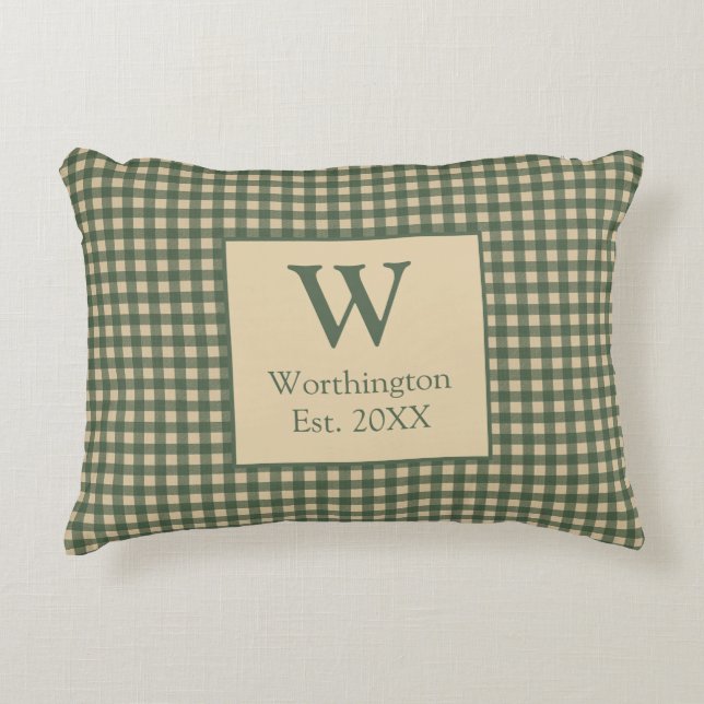Monogram Green Tan Beige Buffalo Plaid Country  Accent Pillow (Front)