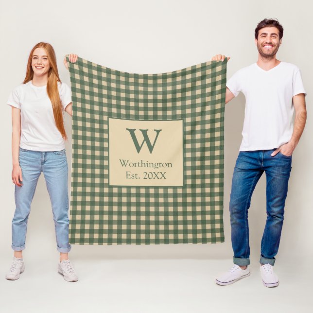 Monogram Green Tan Beige Buffalo Plaid Country  Fleece Blanket (In Situ)