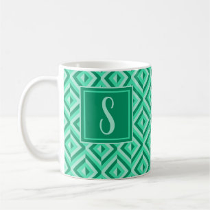 Monogram Green Three-Tone Diamond Pattern Coffee Mug