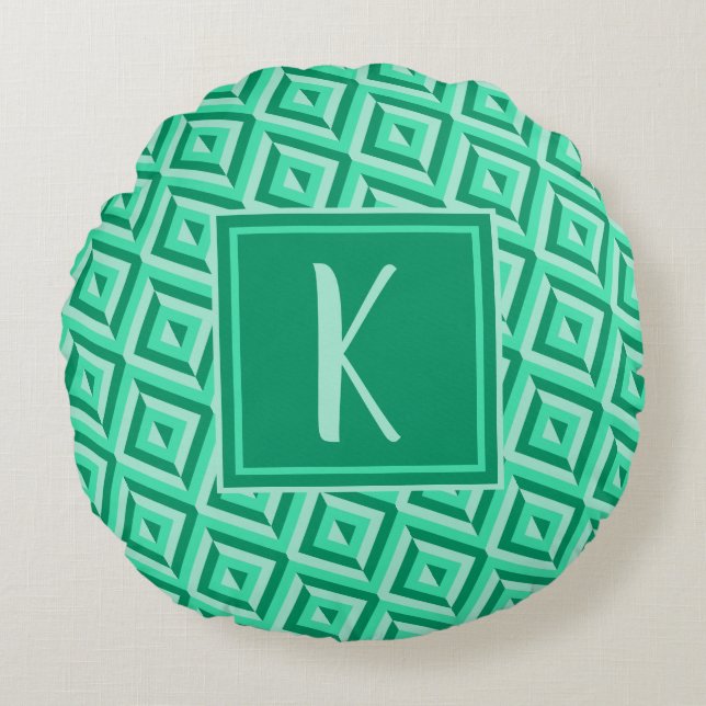 Monogram Green Three-Tone Diamond Pattern Round Pillow (Front)