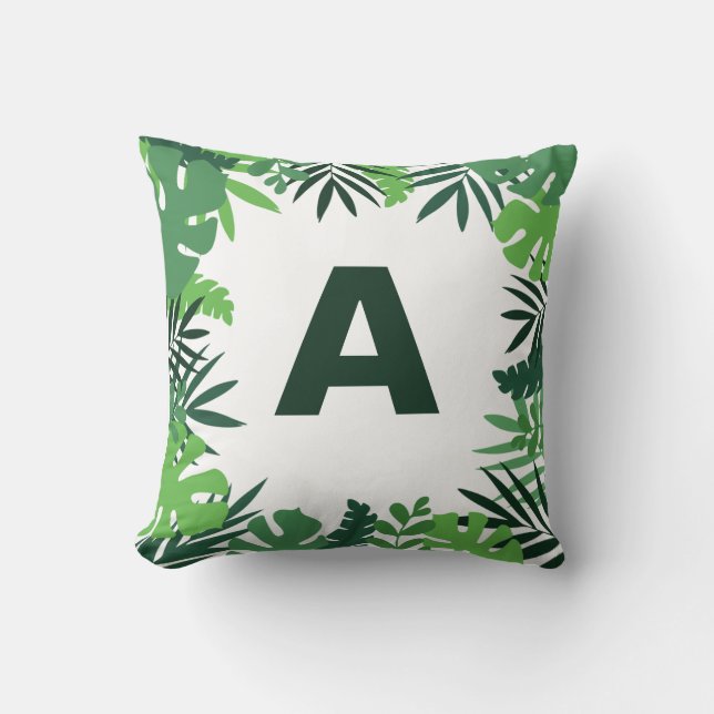 Monogram green tropical palm leaves floral letter throw pillow (Front)