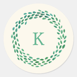 Monogram Green Watercolor Christmas Wreath Ivory Classic Round Sticker
