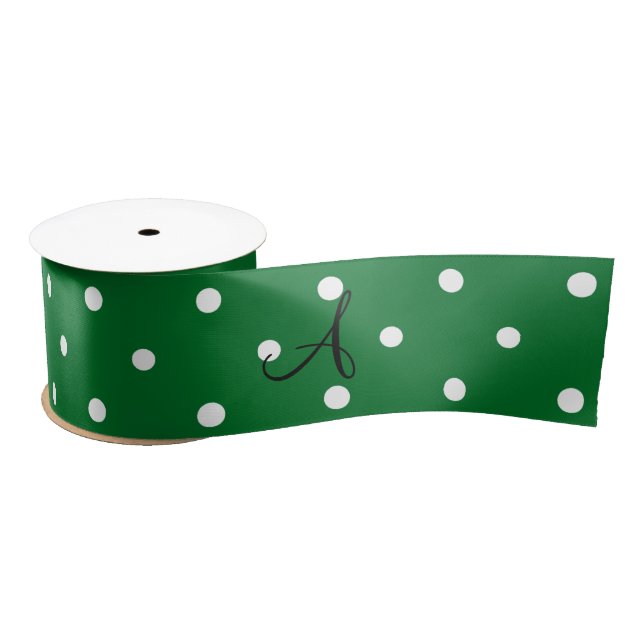 Monogram green white polka dots satin ribbon (Spool)