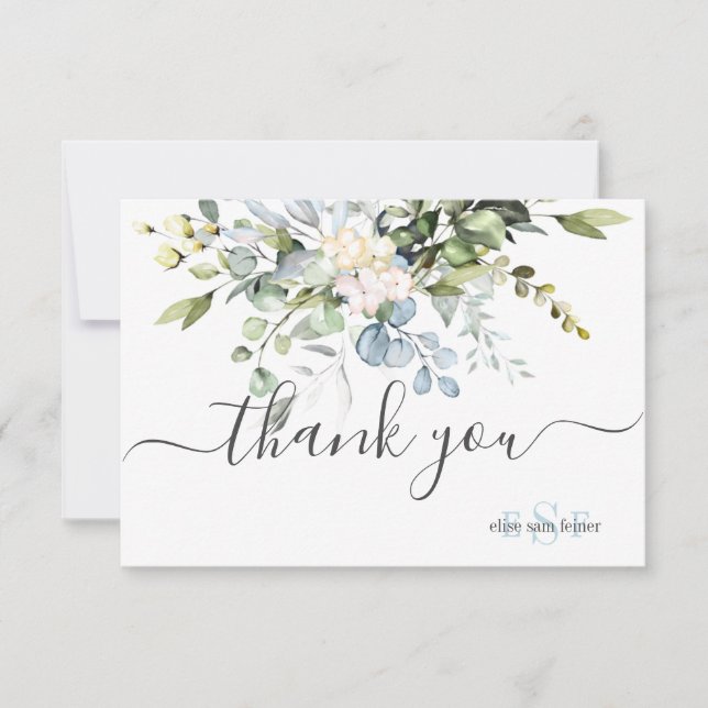 Monogram Greenery Blue Gum Eucalyptus Thank You Card (Front)
