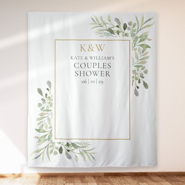 Monogram Greenery Couples Shower Photo Backdrop Tapestry (Creator Uploaded)