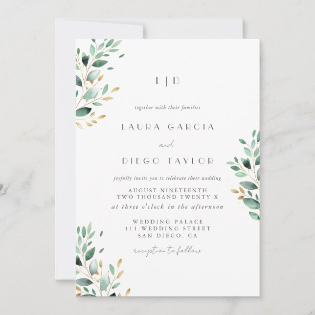 Monogram Greenery  Elegant  Wedding Invitation (Front)
